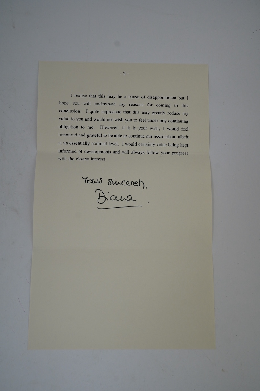 Diana, Princess of Wales, a printed letter with original envelope hand signed ‘Yours Sincerely Diana’, with personalised name of the recipient (the vendor) also in Diana‘s hand, on Kensington Palace headed notepaper and